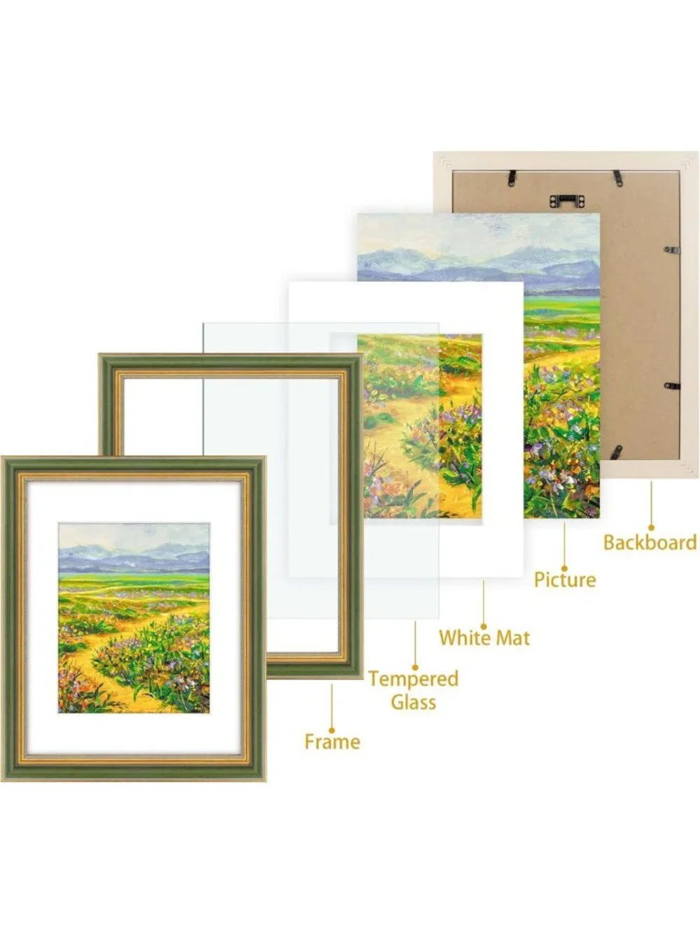 Ornate 11x14 Picture Frame for 8x10 Photos, Real Glass Wall Display, Green Gold